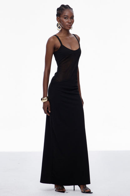 Aram Mesh Spaghetti Sleeveless Maxi Dress in Black