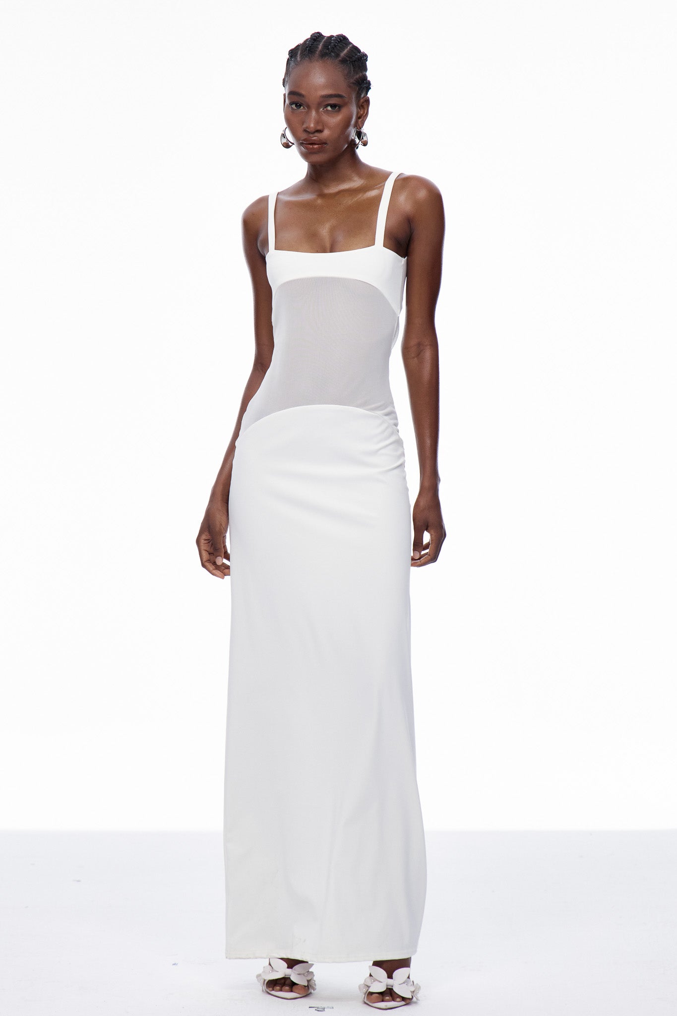Aram Mesh Spaghetti Sleeveless Maxi Dress in White