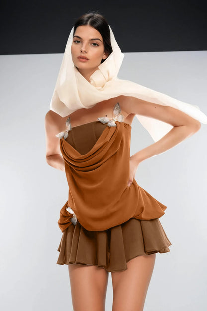 Ardelis Strapless Butterfly Mesh Ruffle Mini Dress