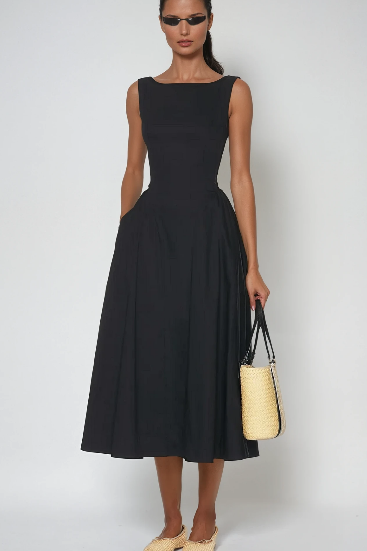 Argyle Ruffle Backless Midi Dress in Black