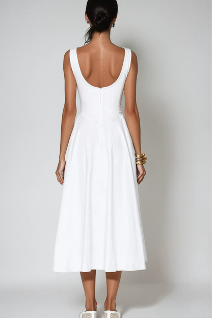 Argyle Ruffle Backless Midi Dress in White