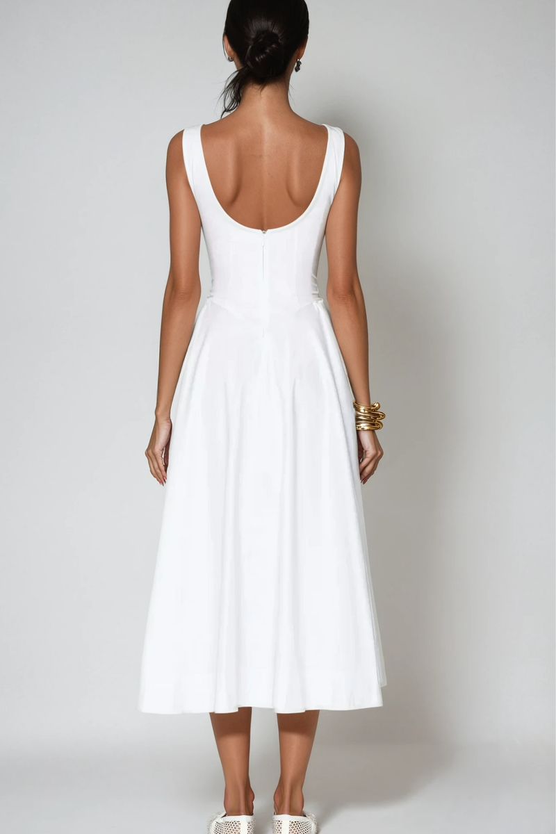 Argyle Ruffle Backless Midi Dress in White