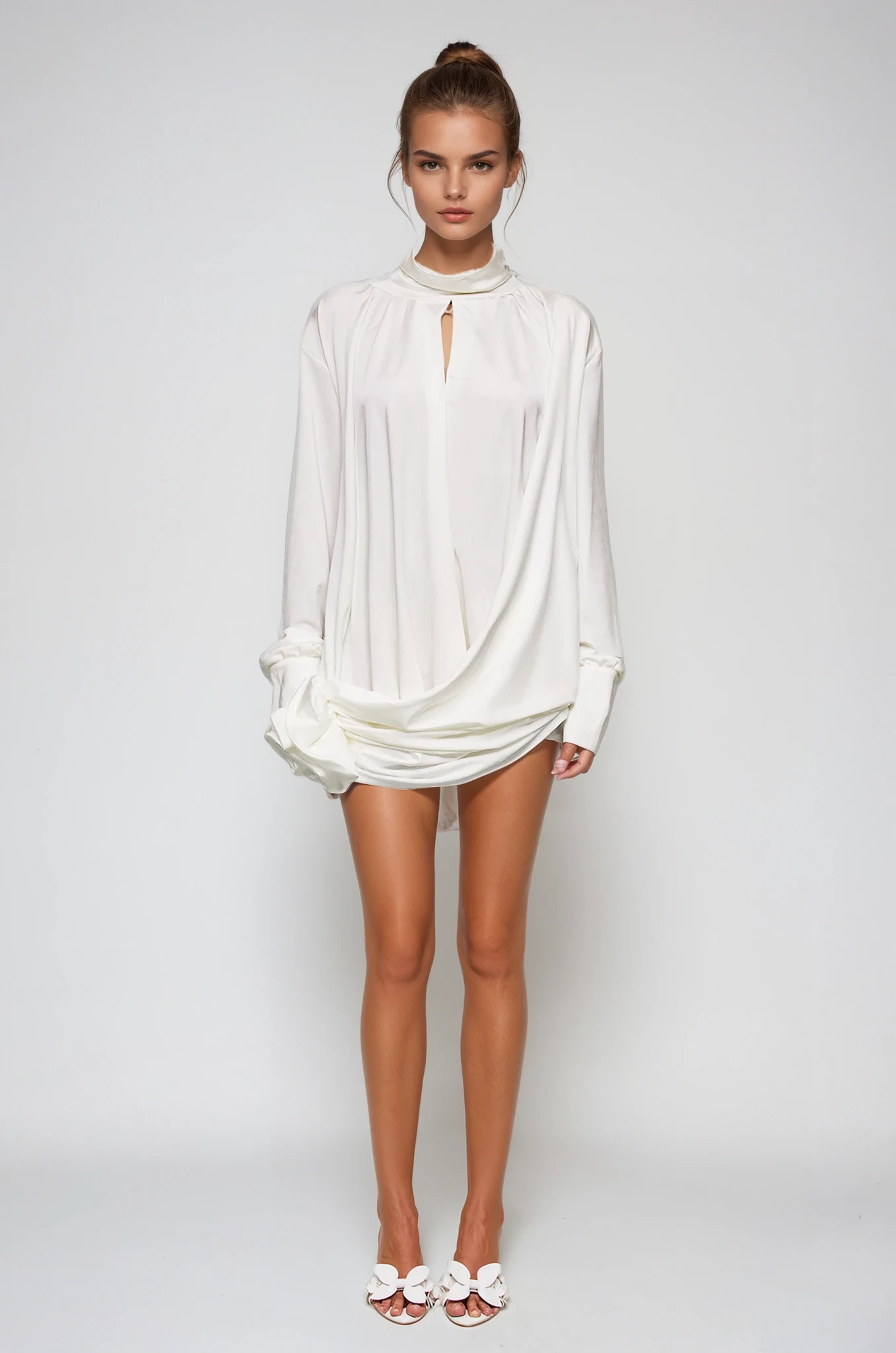 Ariella Flower Cutout Mesh Ruch Mini Dress in White