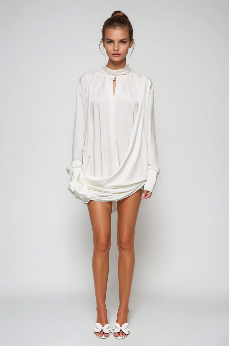 Ariella Flower Cutout Mesh Ruch Mini Dress in White