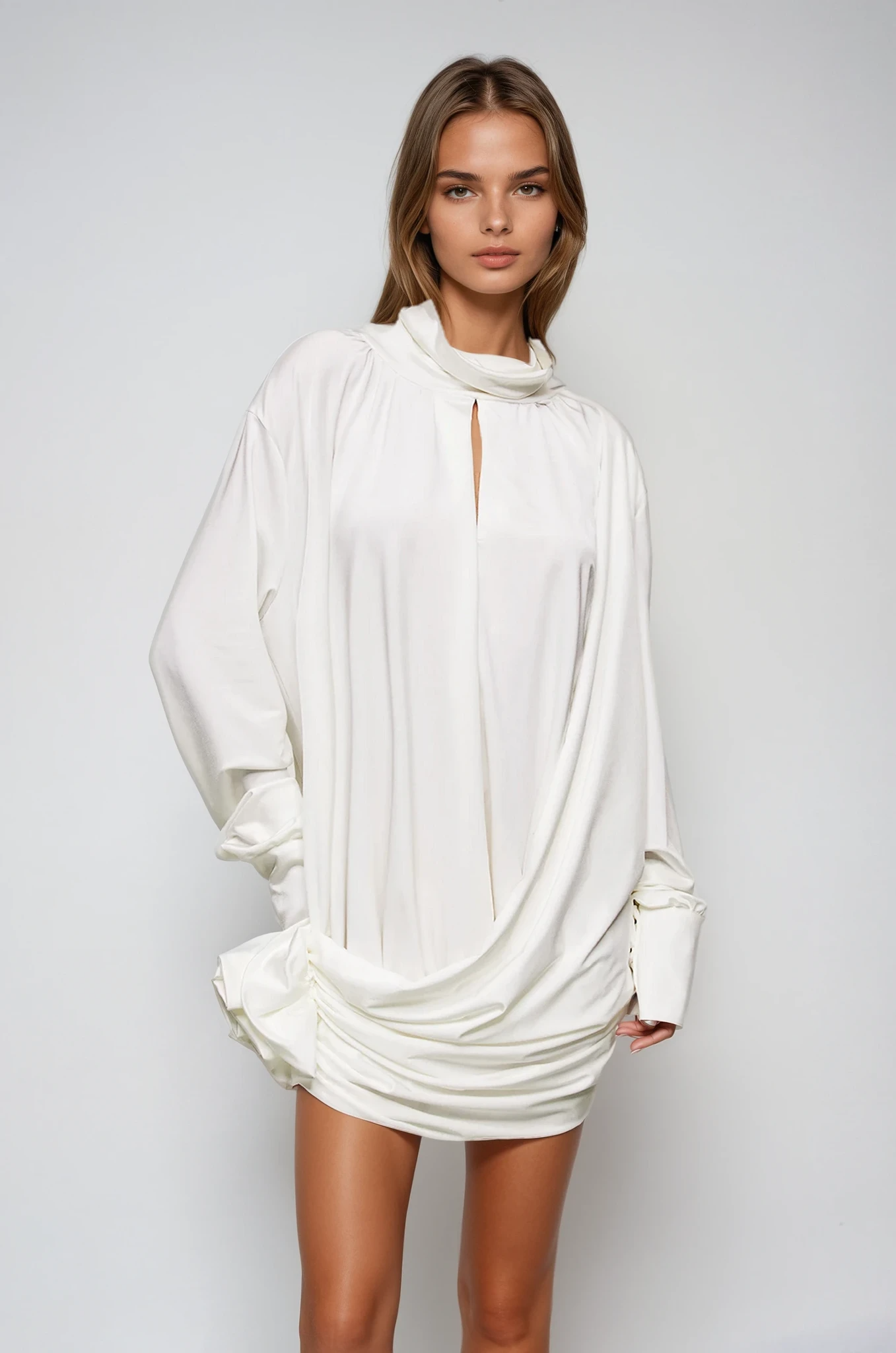 Ariella Flower Cutout Mesh Ruch Mini Dress in White