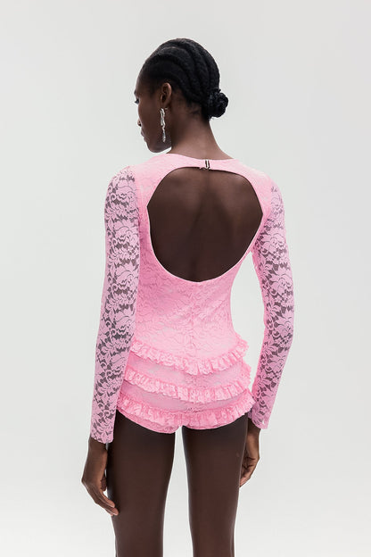 Arif Lace Bow Cutout Ruffle Short Jumpsuit