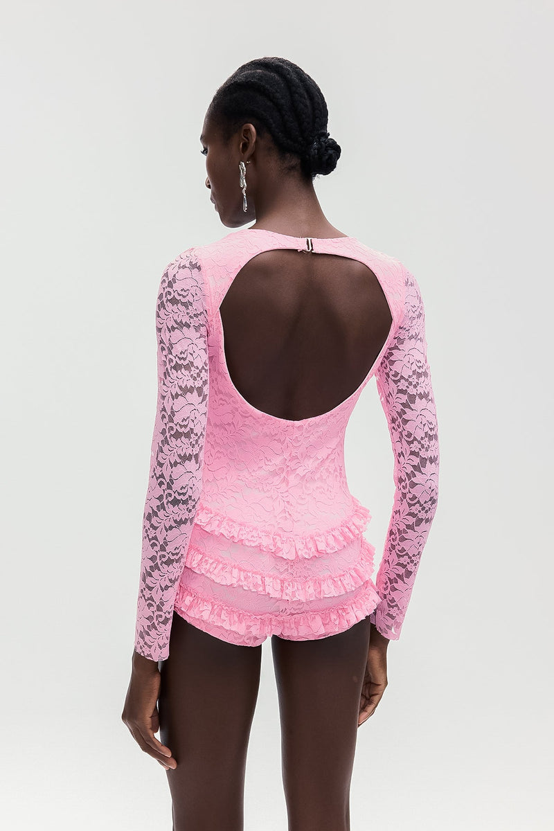 Arif Lace Bow Cutout Ruffle Short Jumpsuit