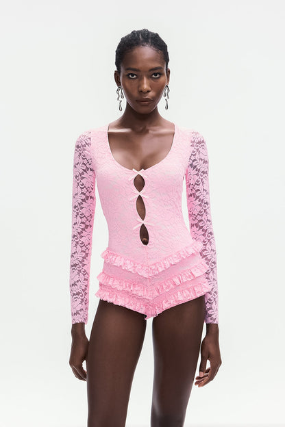 Arif Lace Bow Cutout Ruffle Short Jumpsuit