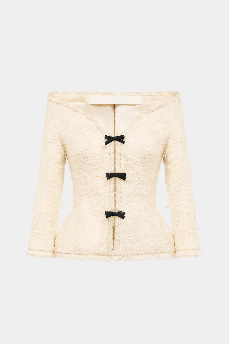 Arife Off Shoulder Bow Crystal Embellished Blazer Two Piece Set - Beige