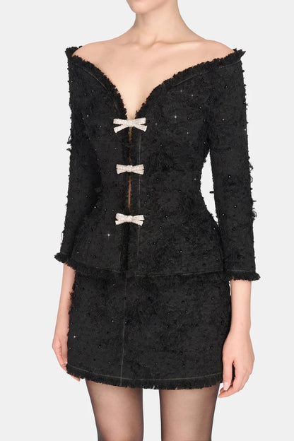 Arife Off Shoulder Bow Crystal Embellished Blazer Two Piece Set - Black