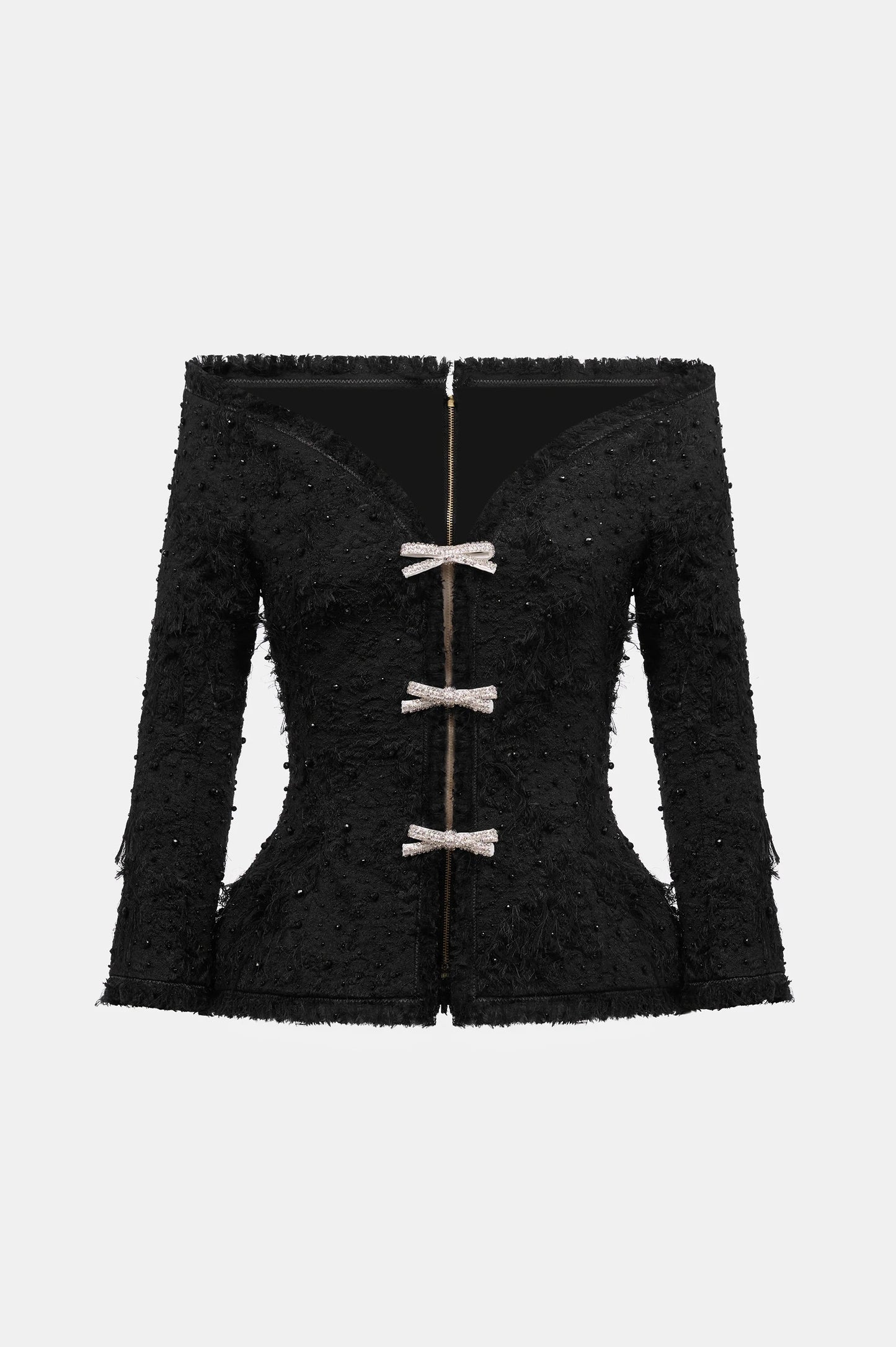 Arife Off Shoulder Bow Crystal Embellished Blazer Two Piece Set - Black