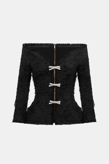 Arife Off Shoulder Bow Crystal Embellished Blazer Two Piece Set - Black