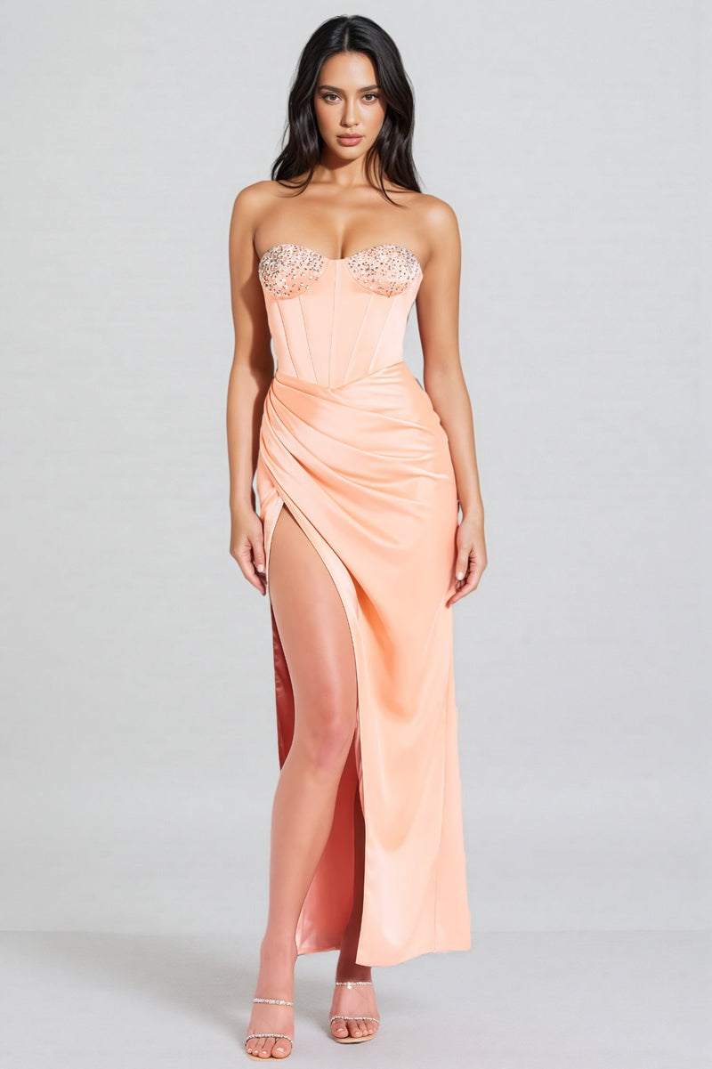 Estrela Diamond-studded Sheath Ruffle Maxi Dress