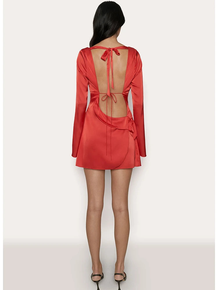 Long Sleeved Bodycon Dress Lace Up Open Back Slim Fit Mini Dress Female Party Club Evening Dress