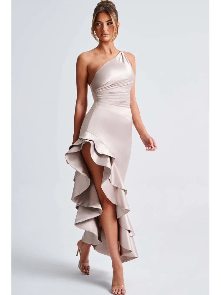 Satin Sleeveless Bodycon Ruffle Irregular Long Dress Backless Party Evening Dress Autumn New Vestido