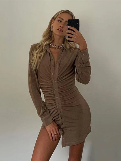 Turn-down Collar Button Mini Dress