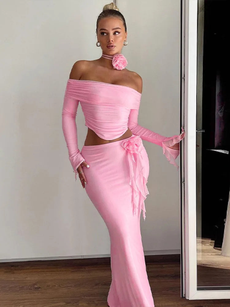 Winter New Long Sleeved Half Skirt Set for Woman 3d Flower Slim Tight Long Skirt Party Evening Dress Two Piece Set
