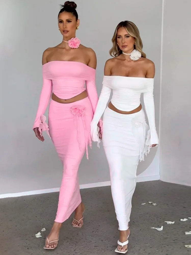 Winter New Long Sleeved Half Skirt Set for Woman 3d Flower Slim Tight Long Skirt Party Evening Dress Two Piece Set