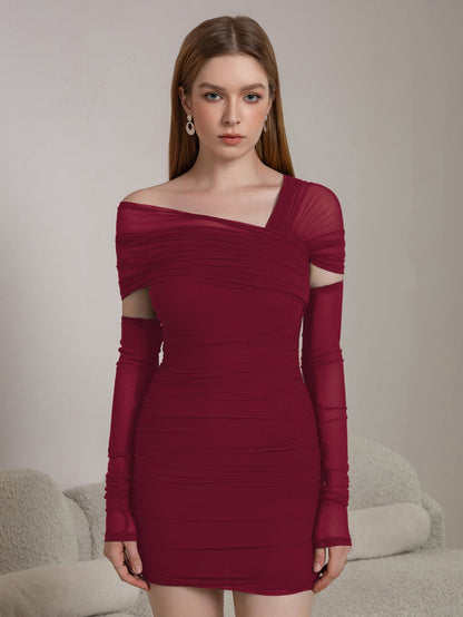 Asymmetrical Shoulder Ruched Mesh Bodycon Dress