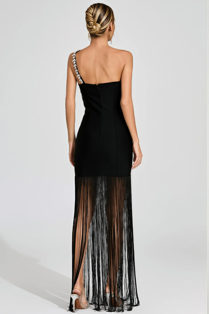 Astradt Black One Shoulder Fringe Maxi Dress