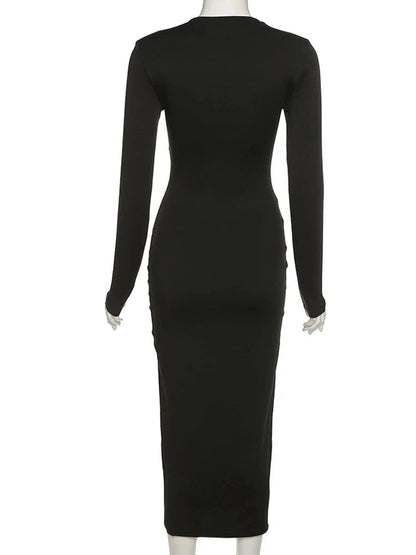 Autumn Crossed Cleavage Concise Side Spilt Vestido Lady Slim Robe Midi Dresses