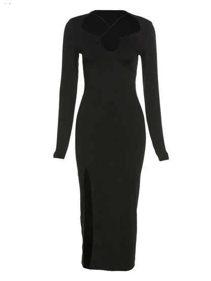 Autumn Crossed Cleavage Concise Side Spilt Vestido Lady Slim Robe Midi Dresses