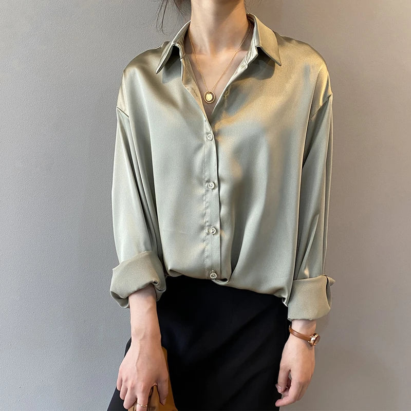 Autumn Button Up Satin White Blouse