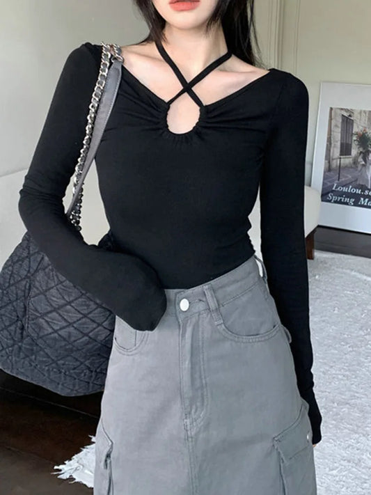Autumn Korean Y2k T-shirt Woman Japanese Halter Bandage V-neck Skinny Long Sleeve Autum Tee Shirt Tshirt Tops