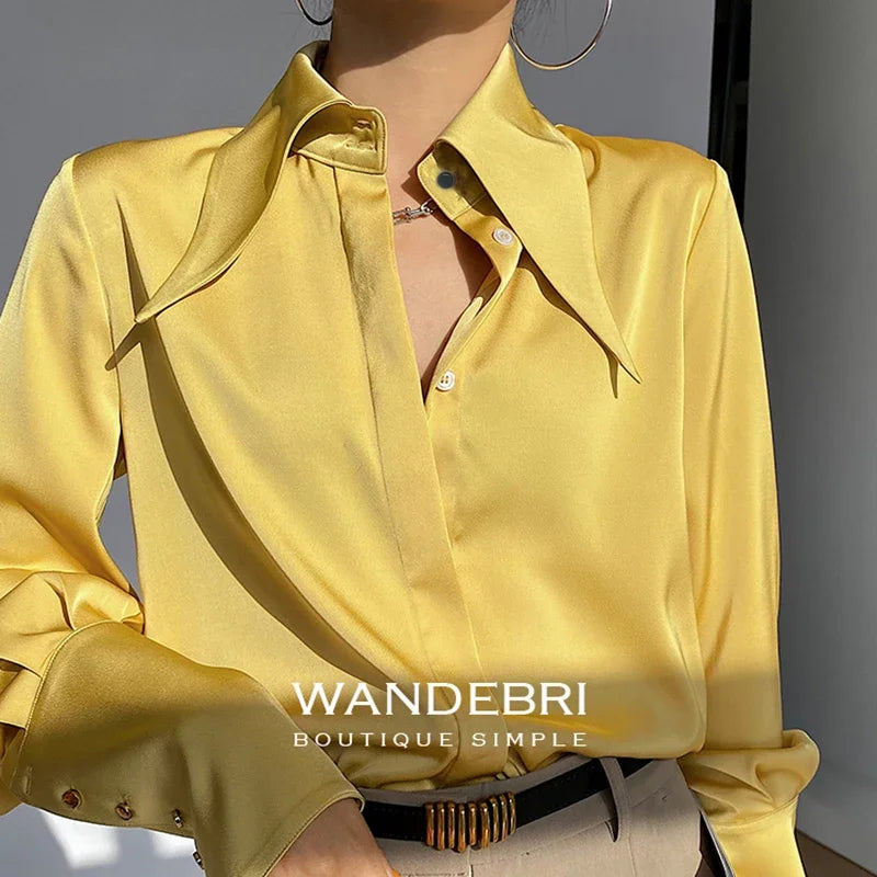 Satin Silk Turn Down Collar Blouse