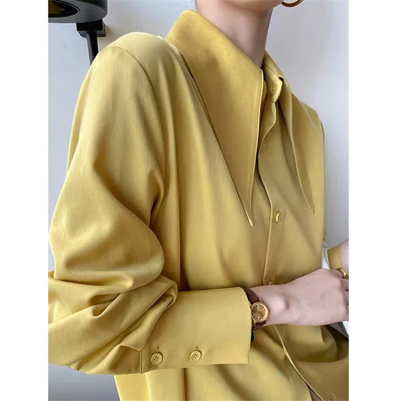 Satin Silk Turn Down Collar Blouse