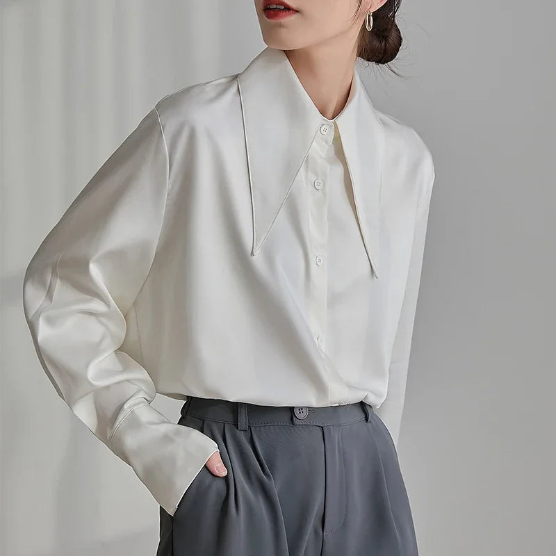 Satin Silk Turn Down Collar Blouse