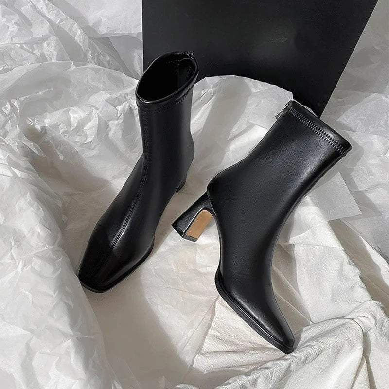 Autumn Winter Leather Square Toe Square Heel Short Ankle Boot