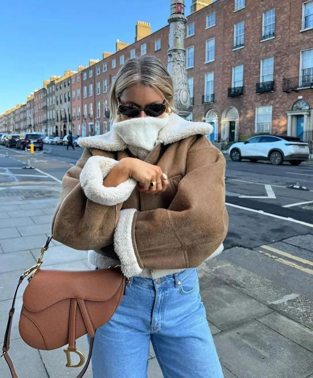 Autumn Winter Faux Cropped Thick Warm Lapel Fleece Long Coat