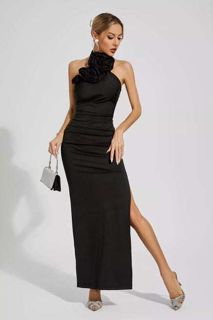 Aylin Black Ruched Halter Maxi Dress