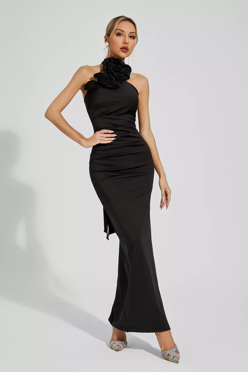 Aylin Black Ruched Halter Maxi Dress