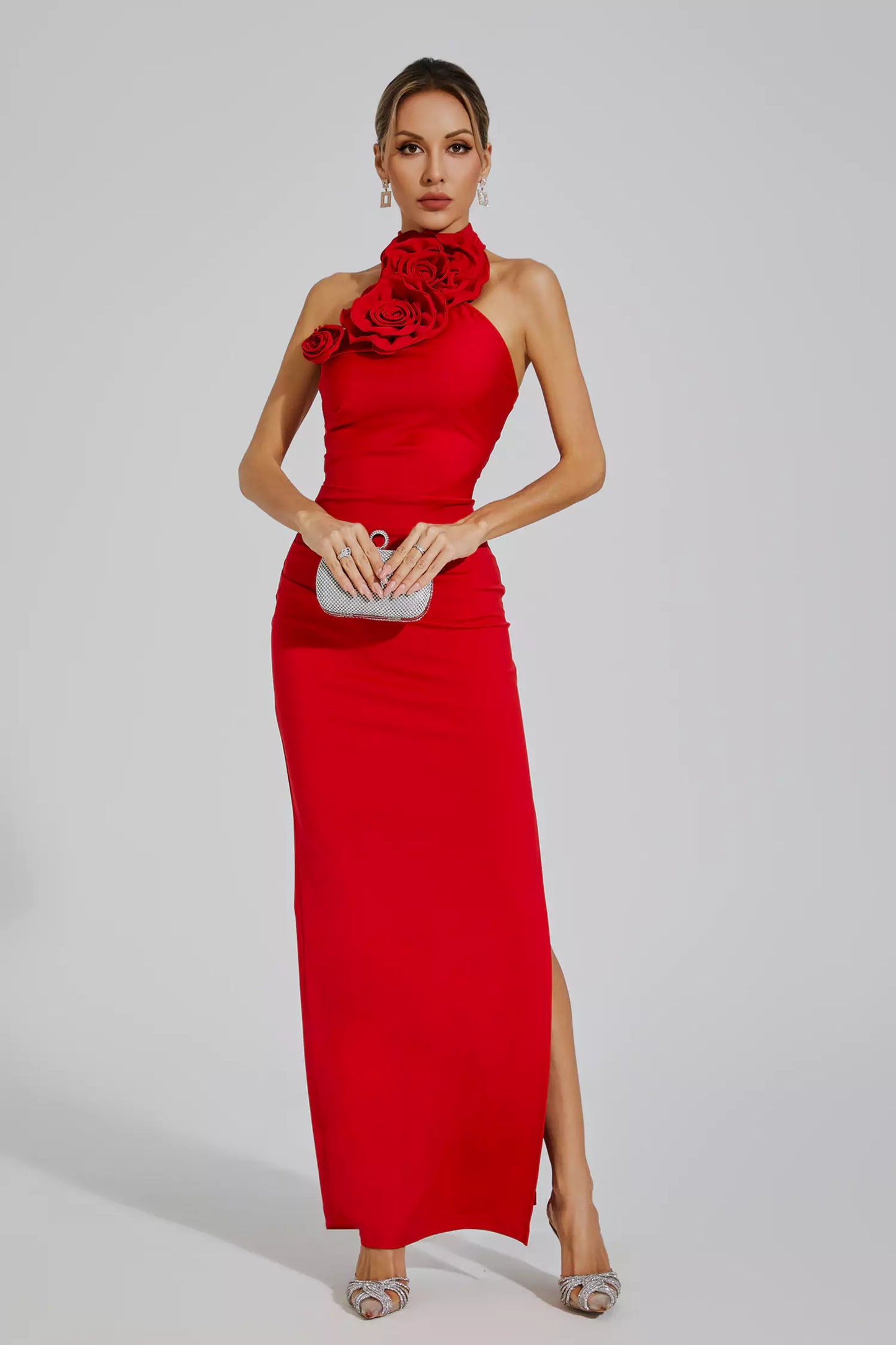 Aylin Red Ruched Halter Maxi Dress