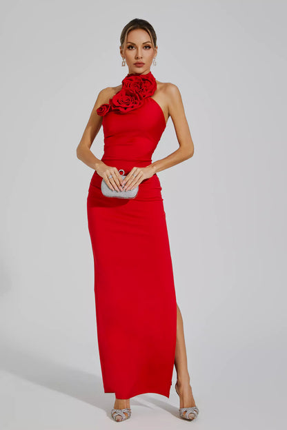 Aylin Red Ruched Halter Maxi Dress