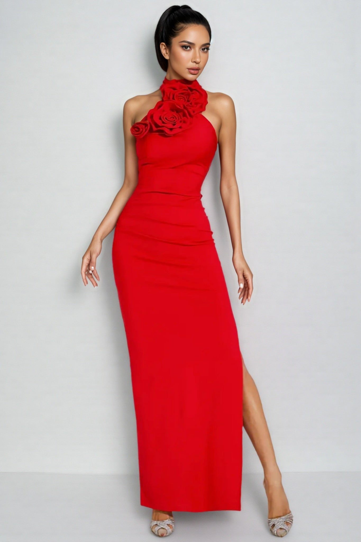 Emily Red Ruched Halter Maxi Dress