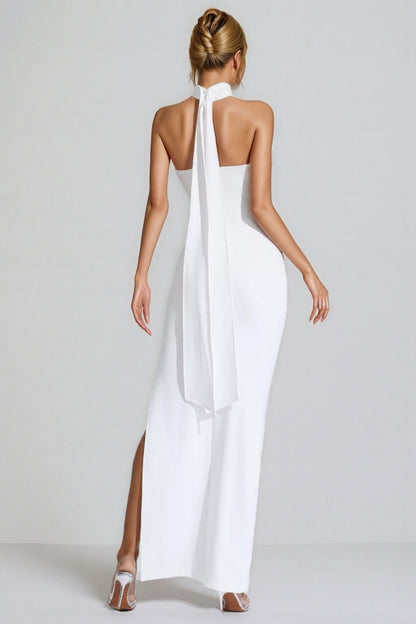 Hilia White Ruched Halter Maxi Dress