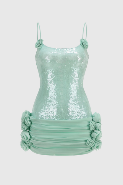Azadeh Foral Sequin Ruched Mini Dress