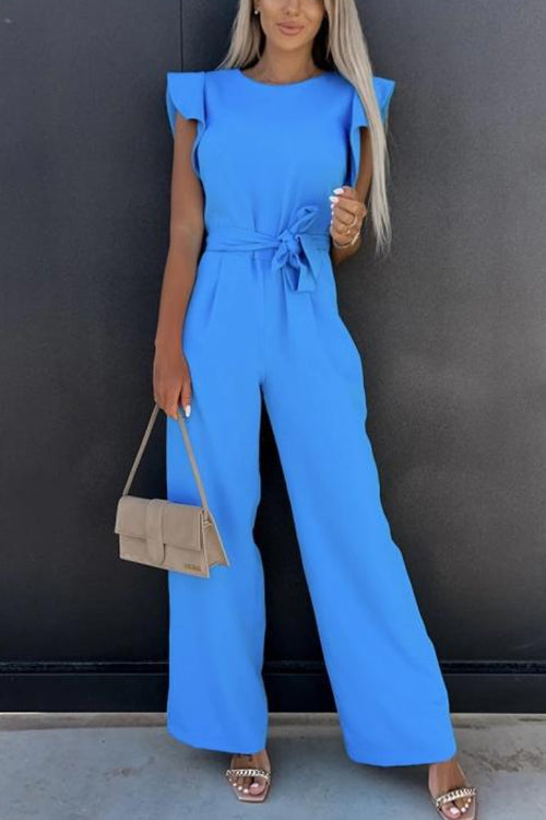 Crewneck Ruffle Short Sleeve Tie Waist Jumpsuit