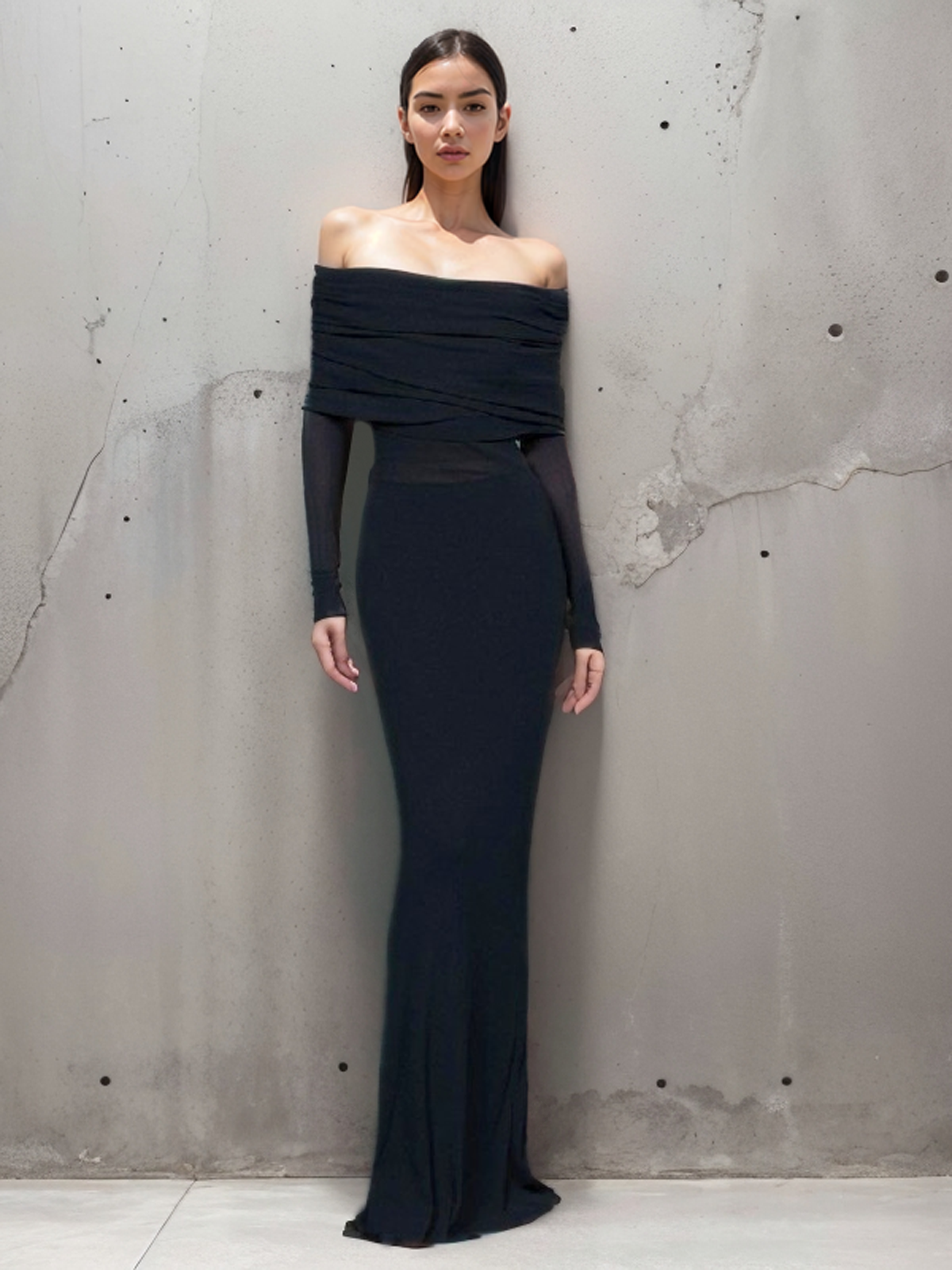 Abriella - Off-shoulder Overfold Mesh Maxi Dress