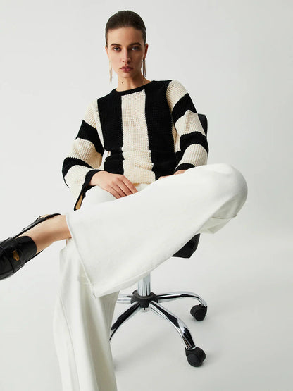Hollow Pointelle Stripe Sweater