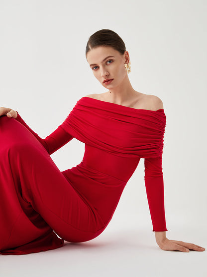 Abriella - Off-shoulder Overfold Mesh Maxi Dress