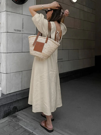 Cotton & Linen Button-front Knotted Long Dress