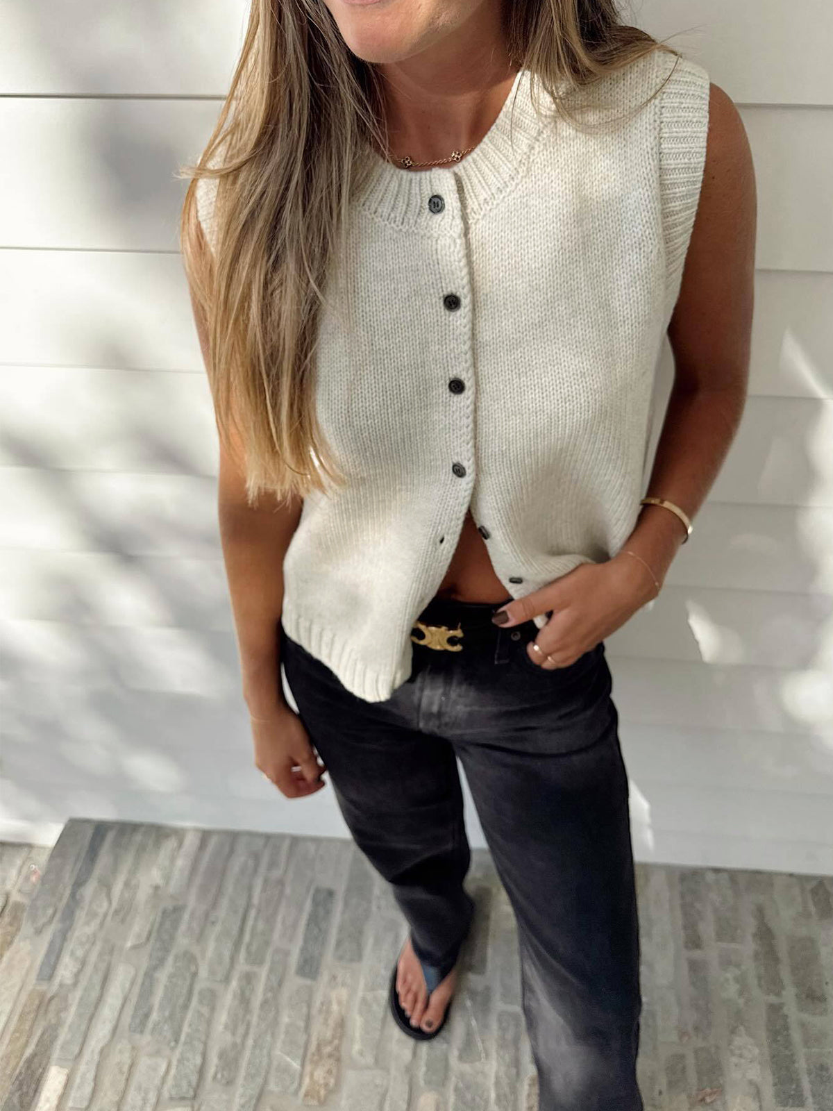 Willow Knit Vest - Button-front Sleeveless Cardigan