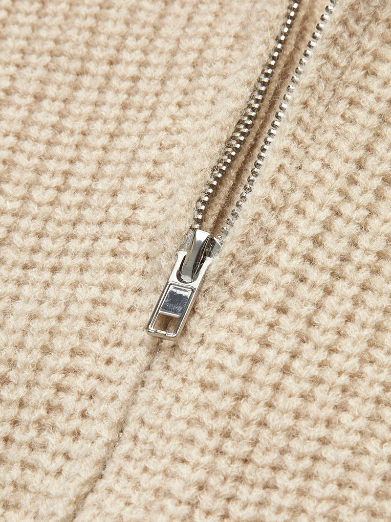 Ribbed Zipper Lapel Cardigan