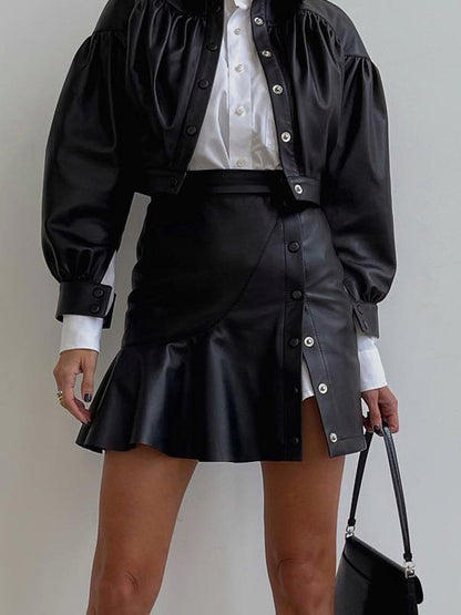 Ruffle Button Clasp Pu Leather Skirt