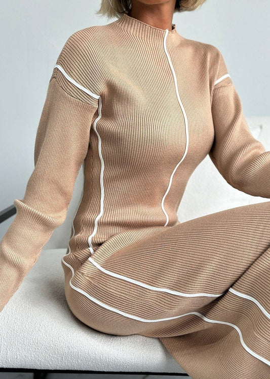 Ribbed Contrast Piping Sweater Dress