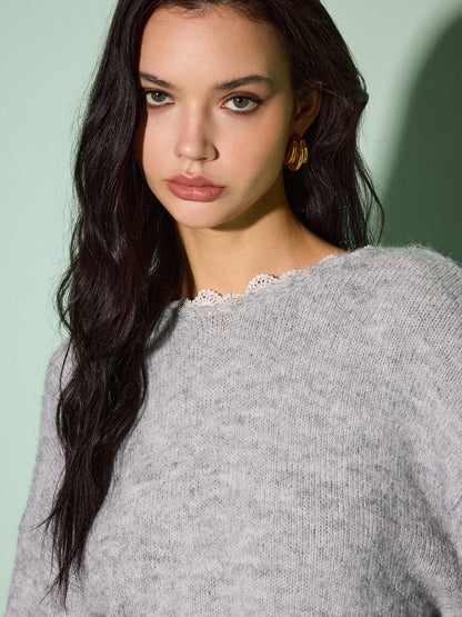Lace Trim Bow-decor Draped Sweater